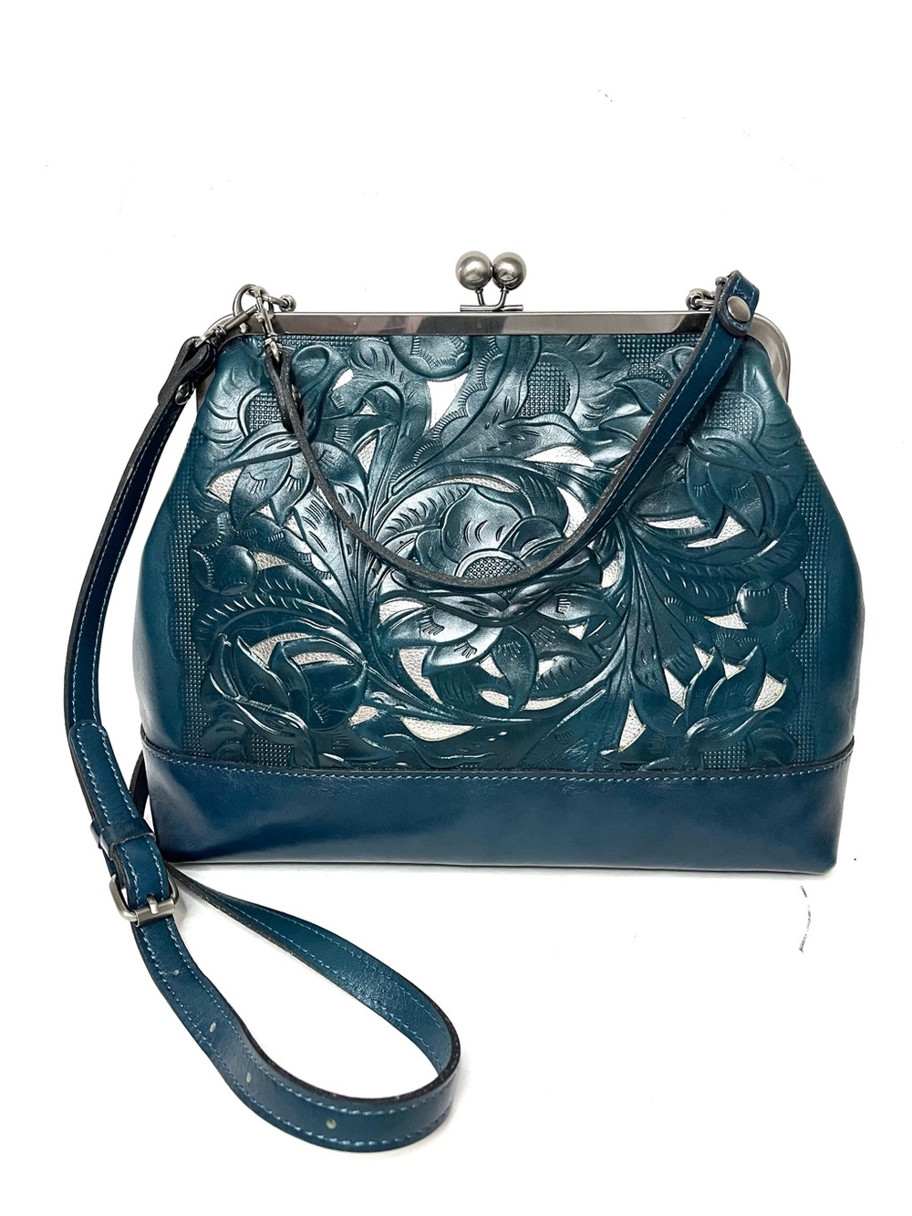 Patricia Nash Elsworth Tooled Leather Kiss Lock Frame Satchel in Caribbean Blue